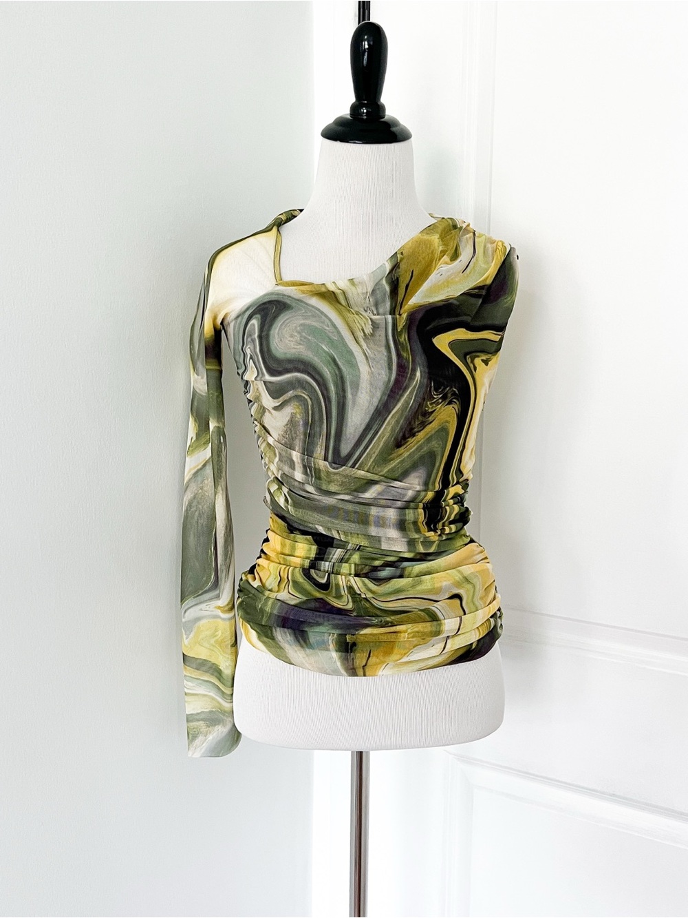 Zara Green Yellow Marble Print Long Sleeve Blouse